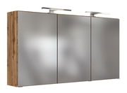 Moderner Spiegelschrank mit drei Türen und integrierter Beleuchtung, seitliche Holzoptik, Frontalansicht
