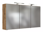 Moderner Spiegelschrank mit drei Türen und integrierter Beleuchtung, seitliche Holzoptik, Frontalansicht