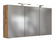 Moderner Spiegelschrank mit drei Türen und integrierter Beleuchtung, seitliche Holzoptik, Frontalansicht
