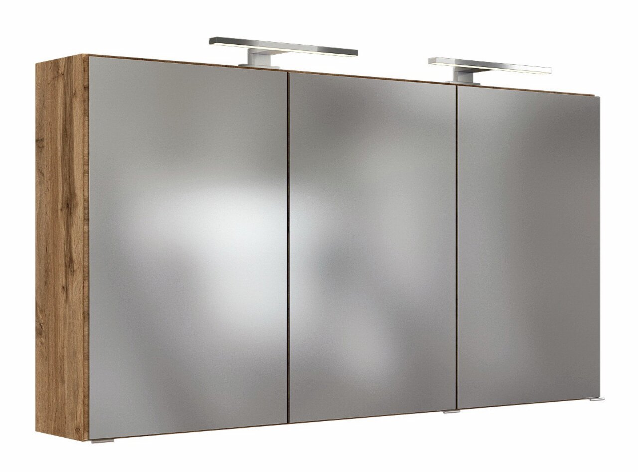 XORA Spiegelschrank LUCCA Moderner Spiegelschrank mit drei Türen und integrierter Beleuchtung, seitliche Holzoptik, Frontalansicht