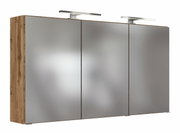 Moderner Spiegelschrank mit drei Türen und integrierter Beleuchtung, seitliche Holzoptik, Frontalansicht