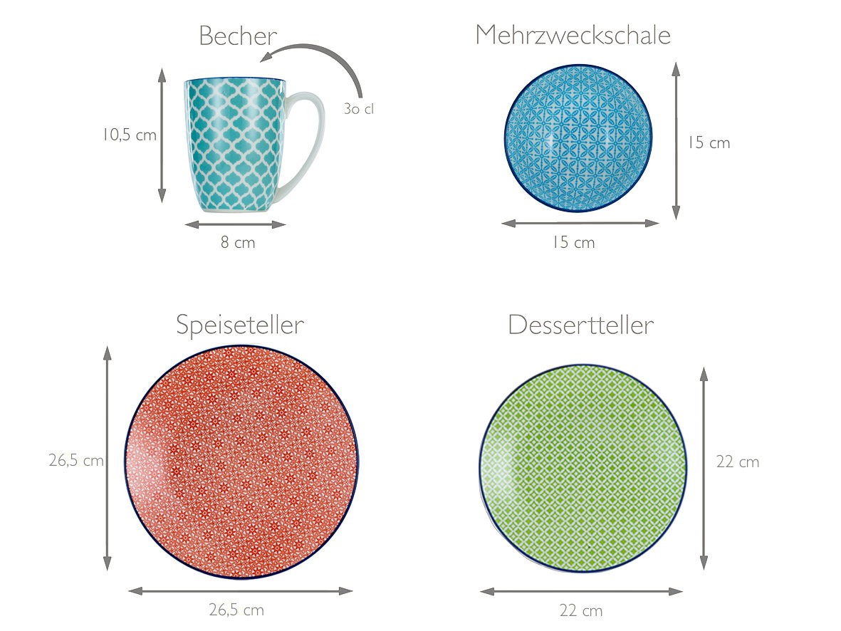 Kombiservice 16-tlg mit Becher, Mehrzweckschale, Speiseteller und Dessertteller in verschiedenen Farben und Mustern, Ansicht von oben