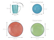 Kombiservice 16-tlg mit Becher, Mehrzweckschale, Speiseteller und Dessertteller in verschiedenen Farben und Mustern, Ansicht von oben