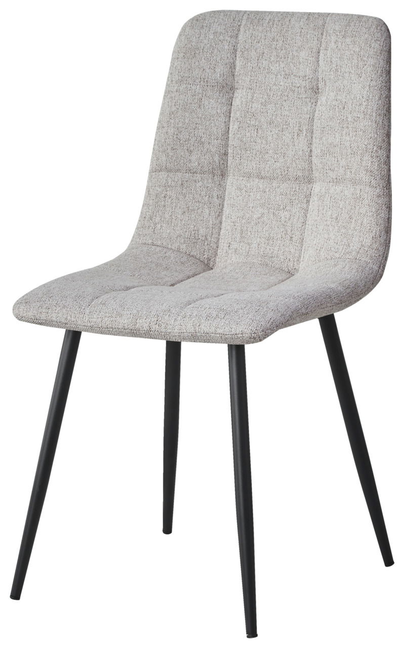Moderner grauer Stuhl mit gepolsterter Sitzfläche und schwarzen Metallbeinen, seitliche Perspektive