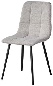 Moderner grauer Stuhl mit gepolsterter Sitzfläche und schwarzen Metallbeinen, seitliche Perspektive