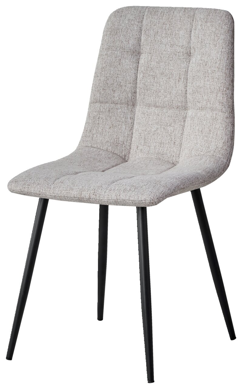 Moderner grauer Stuhl mit gepolsterter Sitzfläche und schwarzen Metallbeinen, seitliche Perspektive