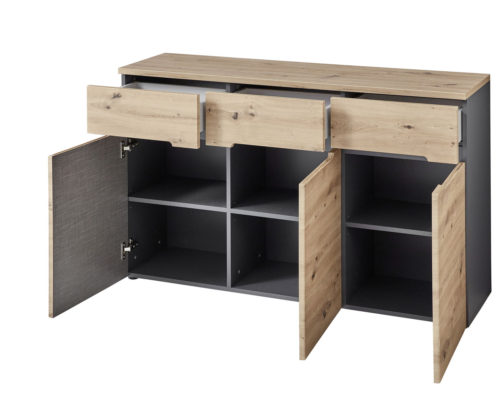 Sideboard mit zwei offenen Schubladen und vier offenen Türen, aus Holz und Metall, Perspektive von vorne.