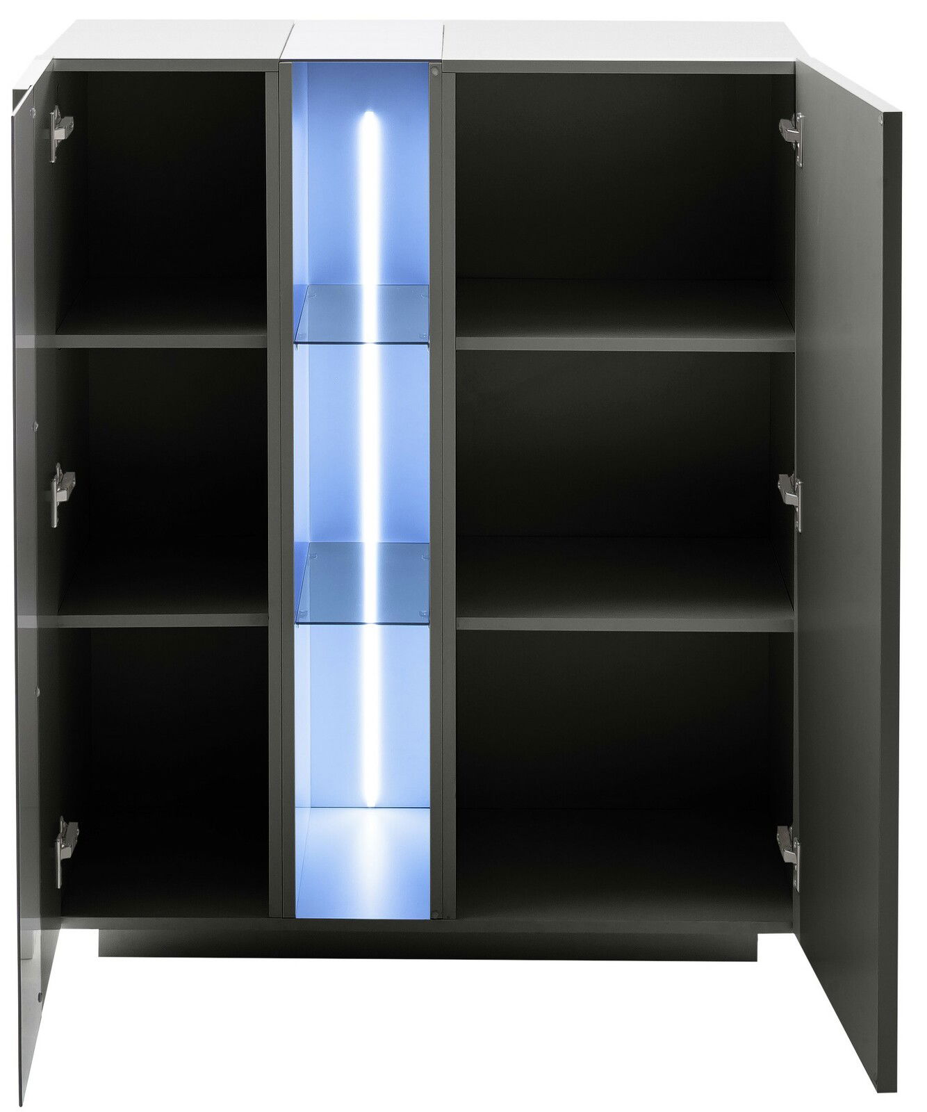 Highboard mit geöffneten Türen, zeigt Innenfächer und beleuchtetes mittleres Fach, Frontalansicht