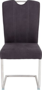 Freischwinger Stuhl in dunklem Stoff mit Metallgestell, Vorderansicht