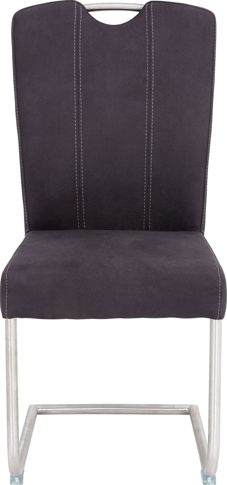 Freischwinger Stuhl in dunklem Stoff mit Metallgestell, Vorderansicht