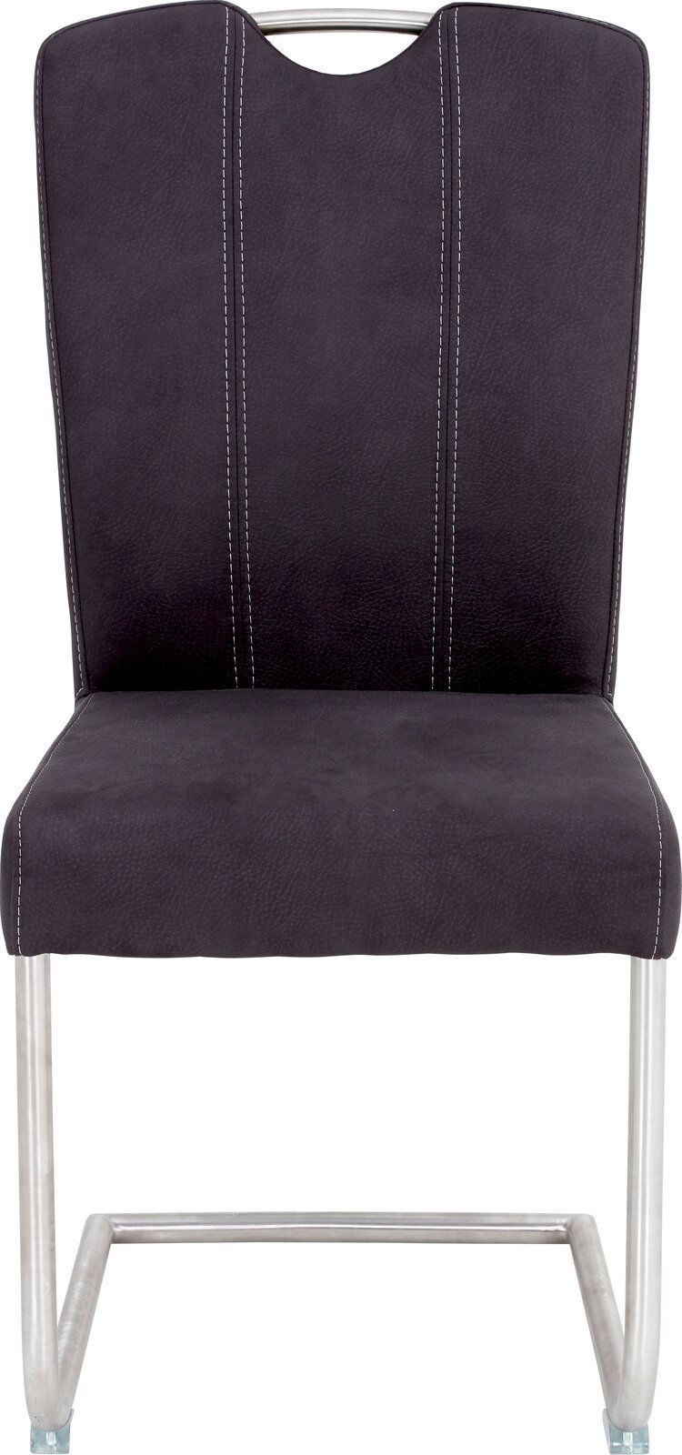 Freischwinger Stuhl in dunklem Stoff mit Metallgestell, Vorderansicht