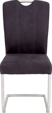 Freischwinger Stuhl in dunklem Stoff mit Metallgestell, Vorderansicht