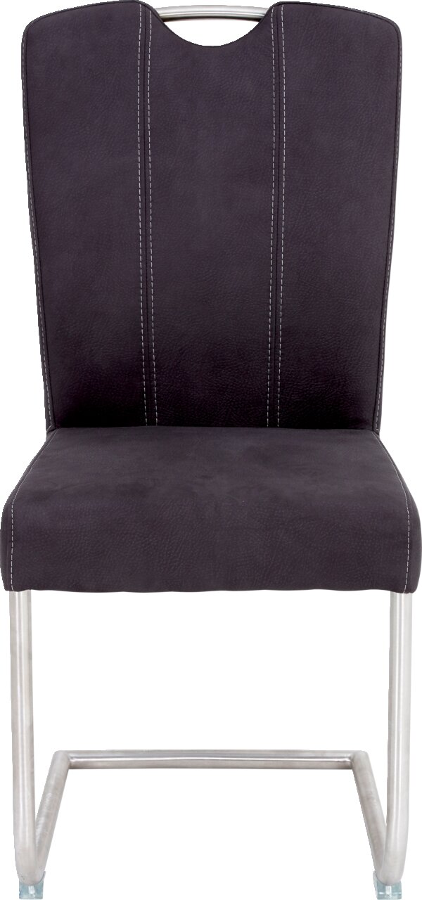 Freischwinger Stuhl in dunklem Stoff mit Metallgestell, Vorderansicht