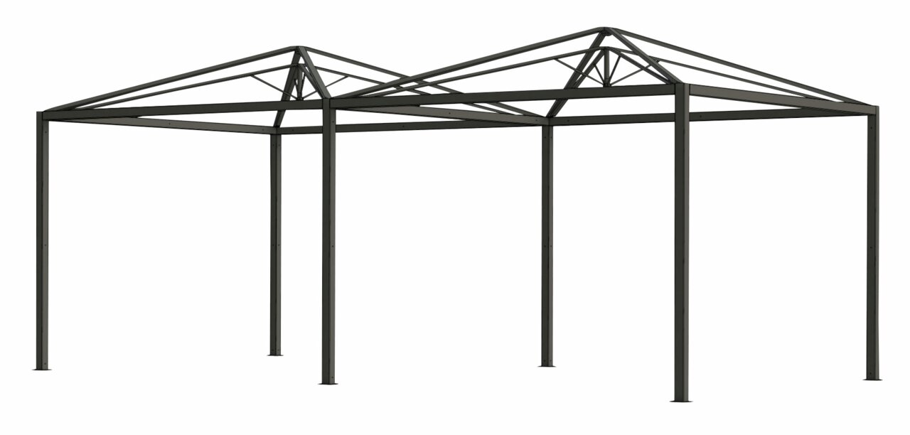 Metalen frame van een pagode-uitbreiding, zijaanzicht