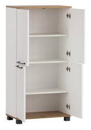Weißes Highboard mit Holzakzenten, offene Türen, seitliche Perspektive