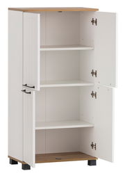 Weißes Highboard mit Holzakzenten, offene Türen, seitliche Perspektive