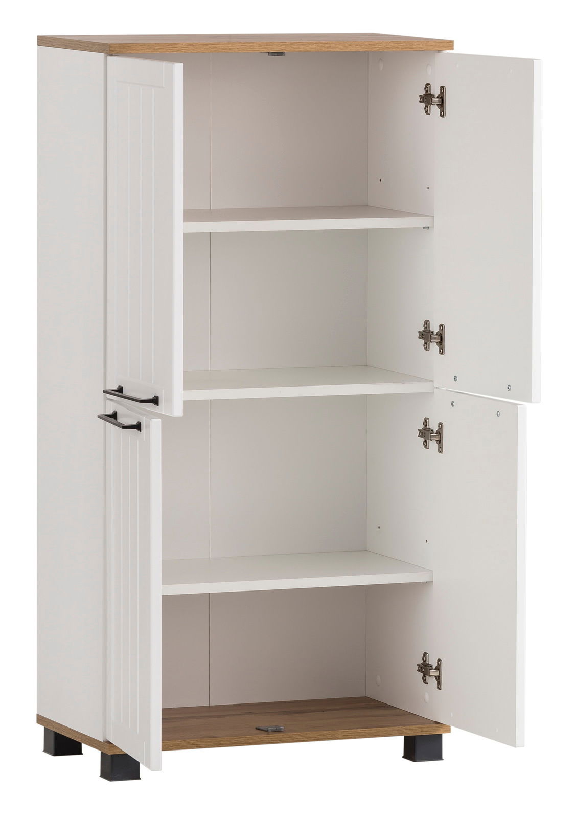 Weißes Highboard mit Holzakzenten, offene Türen, seitliche Perspektive