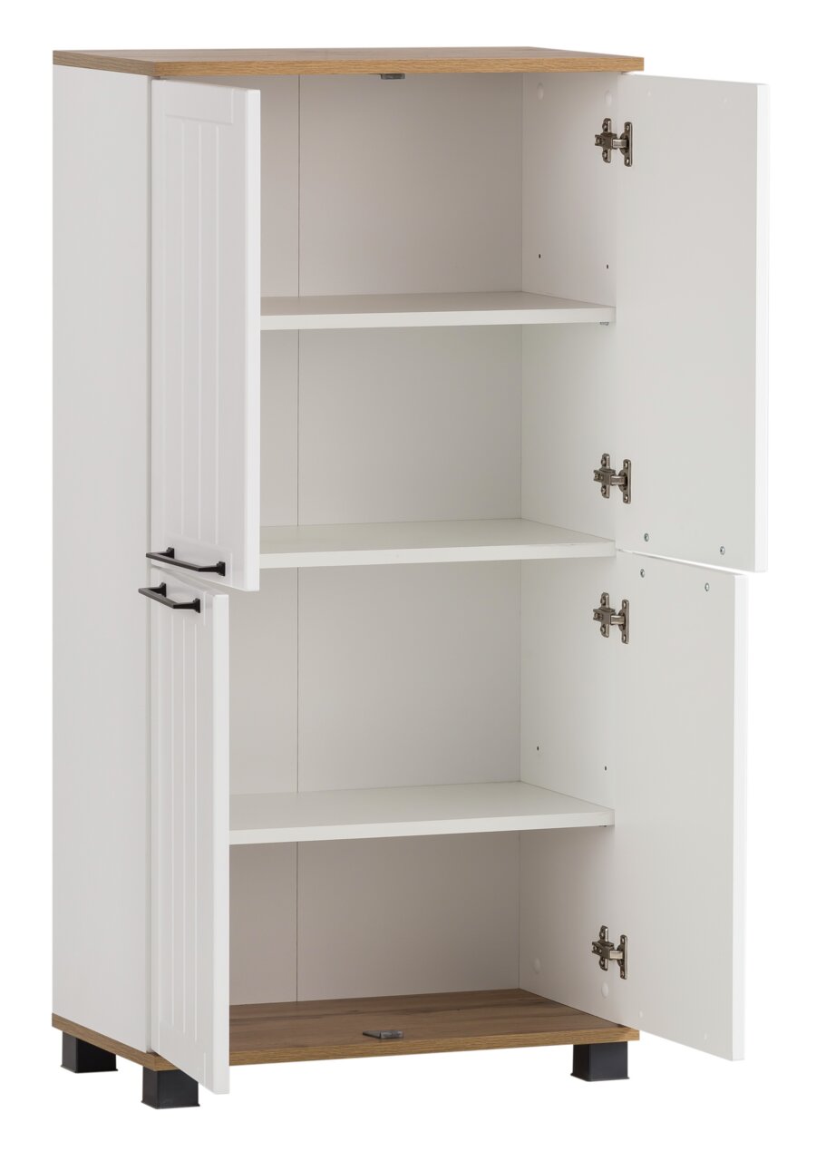 Weißes Highboard mit Holzakzenten, offene Türen, seitliche Perspektive