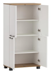 Weißes Highboard mit Holzakzenten, offene Türen, seitliche Perspektive