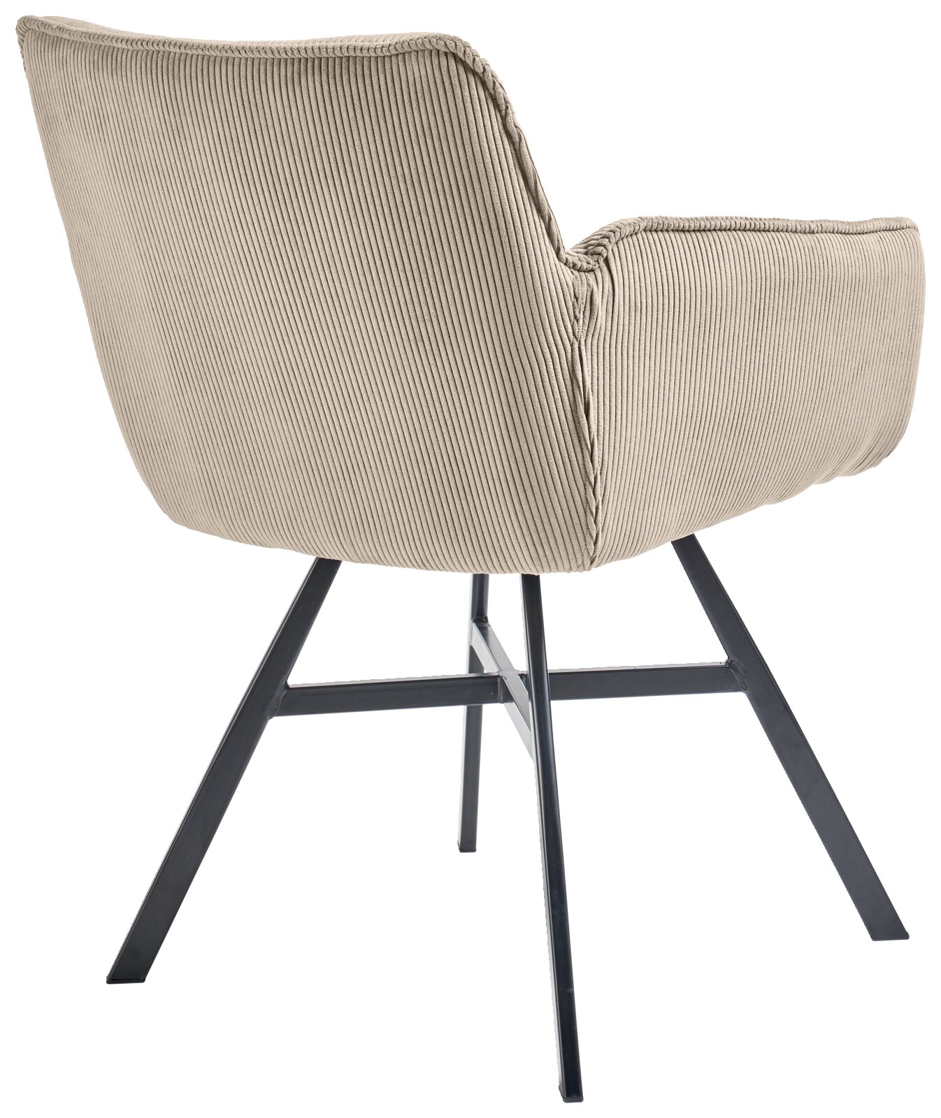 Achterkant van een fauteuil met beige corduroy bekleding en zwarte metalen poten, SET ONE FRISCO fauteuil van Musterring.