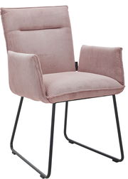 Rosa Armlehnstuhl mit gestepptem Stoffbezug und schwarzen Metallbeinen, seitliche Perspektive