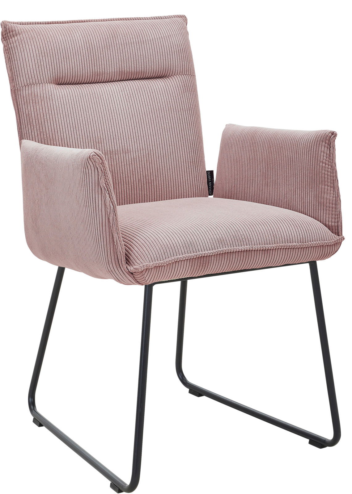 Rosa Armlehnstuhl mit gestepptem Stoffbezug und schwarzen Metallbeinen, seitliche Perspektive