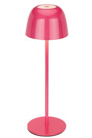 Rosa Akku-Tischleuchte mit rundem Lampenschirm und schlankem Standfuß, seitliche Perspektive