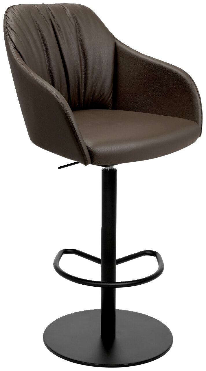 Moderner Barhocker mit braunem gepolstertem Sitz und Rückenlehne, schwarzem Metallgestell und Fußstütze, seitliche Perspektive