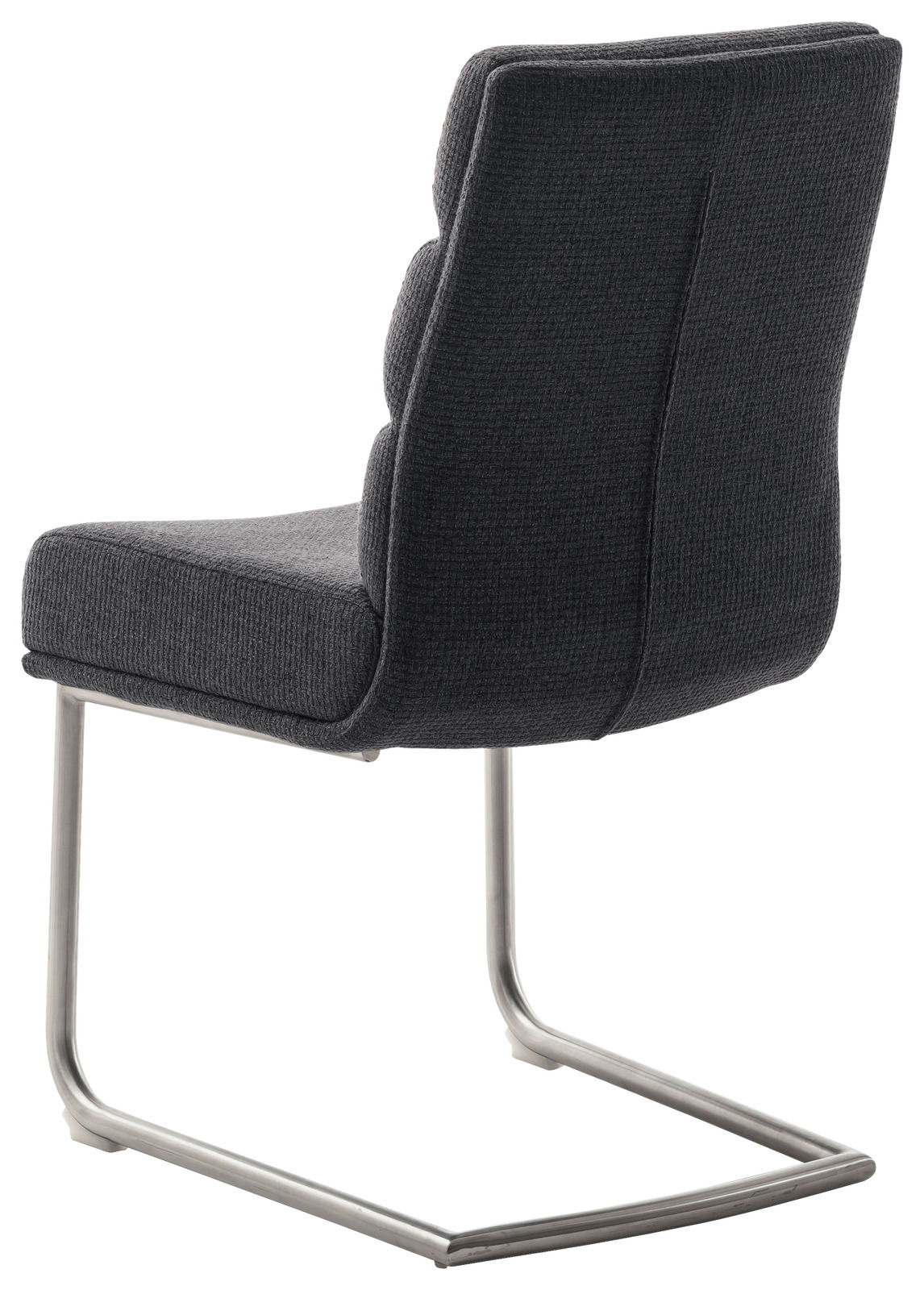 Rückansicht eines modernen Freischwinger-Stuhls mit grauem Stoffbezug und Metallgestell.