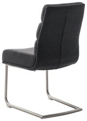 Rückansicht eines modernen Freischwinger-Stuhls mit grauem Stoffbezug und Metallgestell.