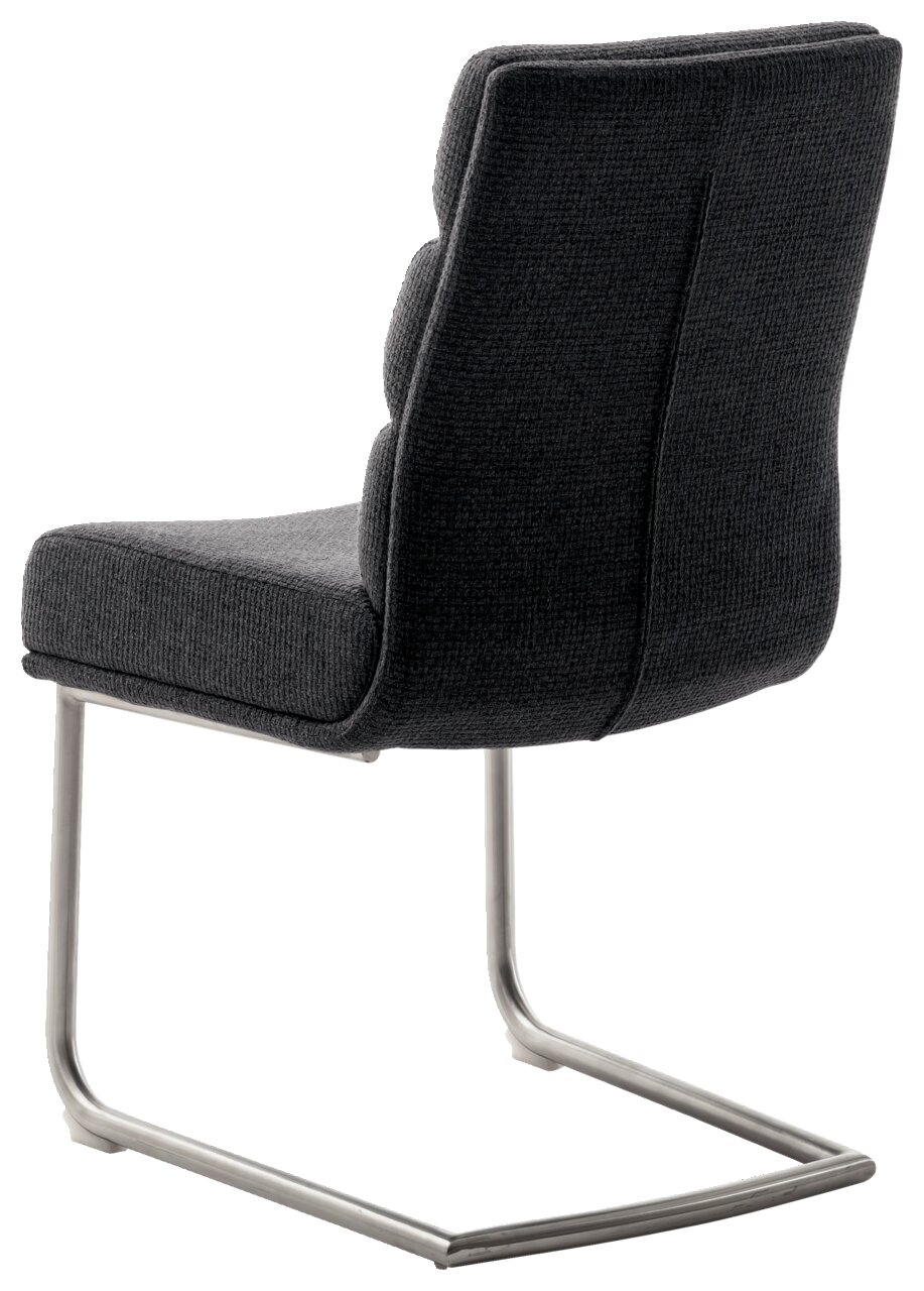 Rückansicht eines modernen Freischwinger-Stuhls mit grauem Stoffbezug und Metallgestell.