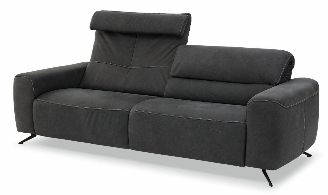 Graues 2,5-Sitzer-Sofa mit verstellbarer Kopfstütze, seitliche Perspektive