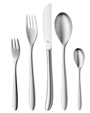 Set aus fünf Edelstahl-Besteckteilen, bestehend aus Gabel, Messer, Löffel, Kuchengabel und Teelöffel, frontal abgebildet.