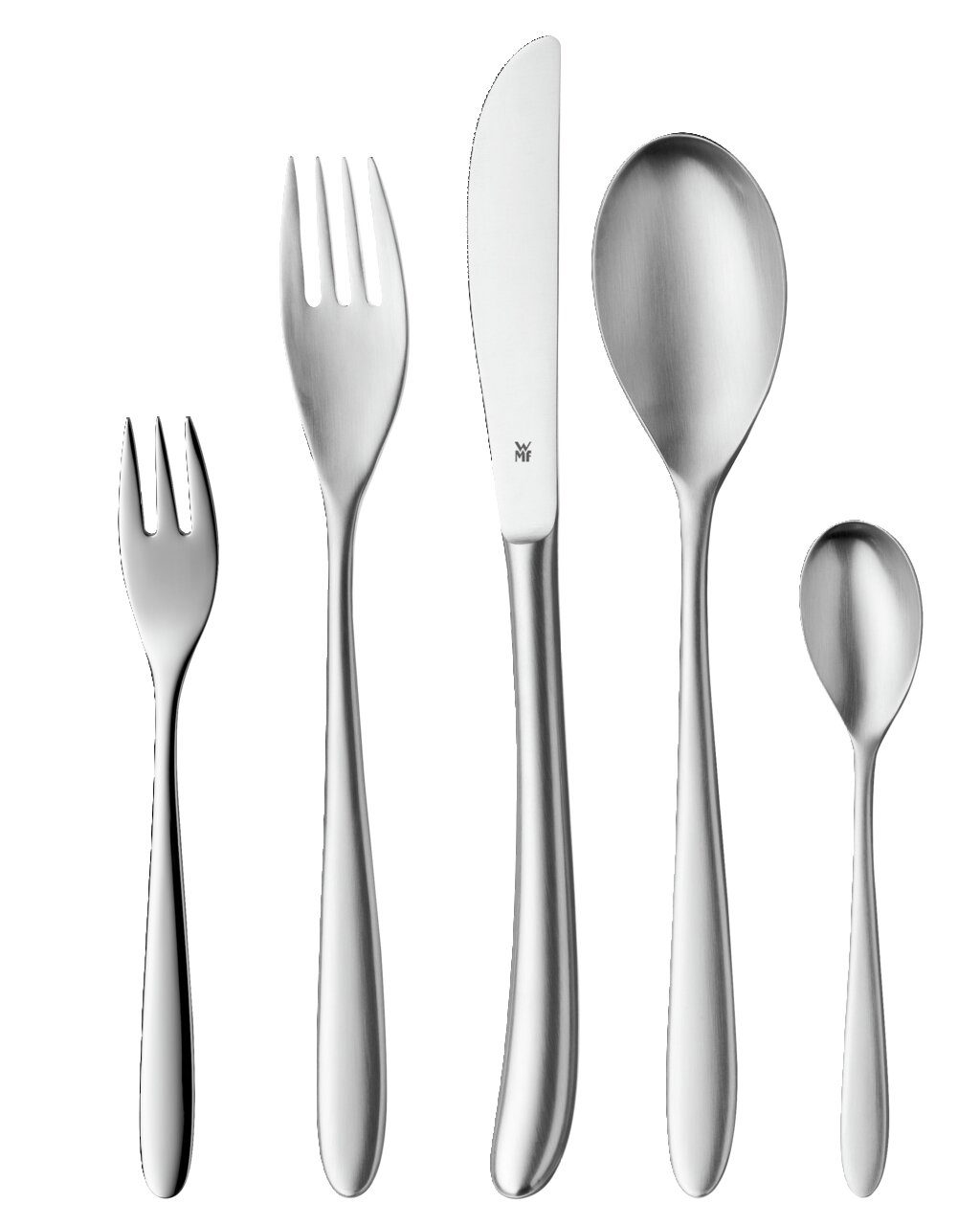 Set aus fünf Edelstahl-Besteckteilen, bestehend aus Gabel, Messer, Löffel, Kuchengabel und Teelöffel, frontal abgebildet.