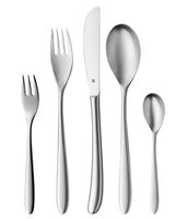 Set aus fünf Edelstahl-Besteckteilen, bestehend aus Gabel, Messer, Löffel, Kuchengabel und Teelöffel, frontal abgebildet.