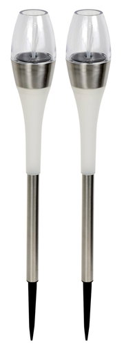 Zwei moderne Solarleuchten aus Edelstahl und Kunststoff, frontal abgebildet, ideal für Gartenbeleuchtung.