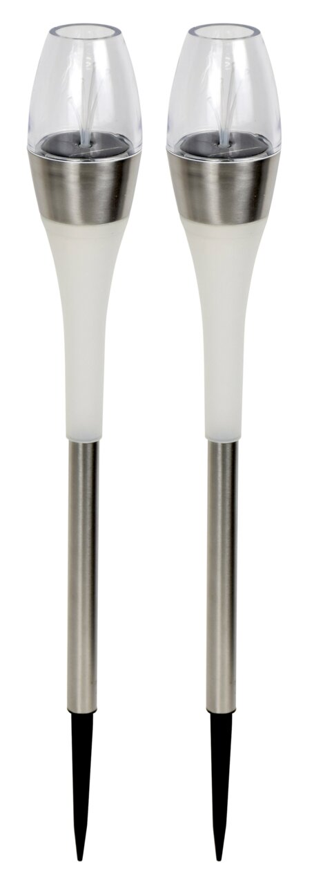 Zwei moderne Solarleuchten aus Edelstahl und Kunststoff, frontal abgebildet, ideal für Gartenbeleuchtung.
