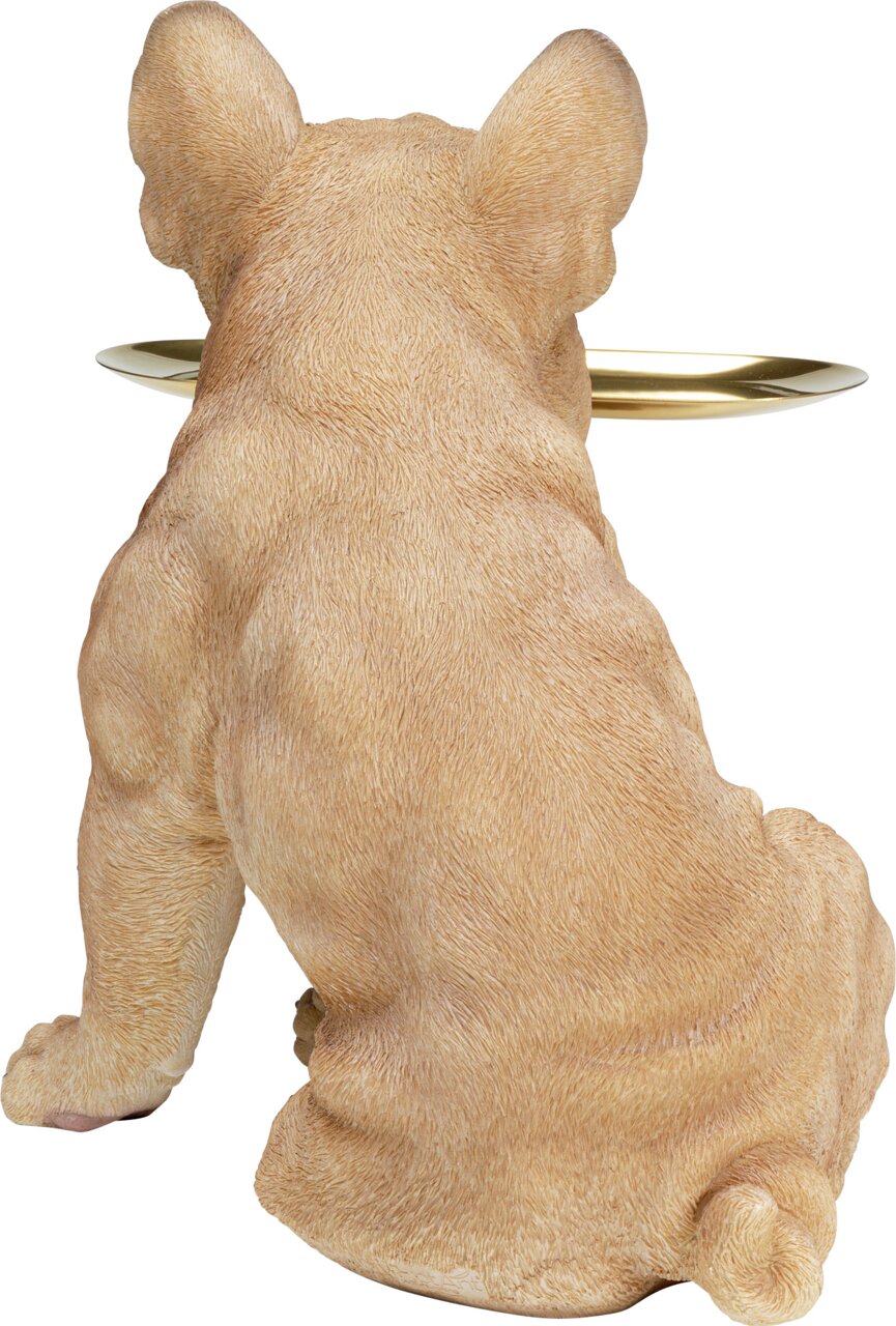 Rückansicht einer Deko-Figur eines sitzenden Hundes mit einem goldenen Tablett auf dem Rücken.