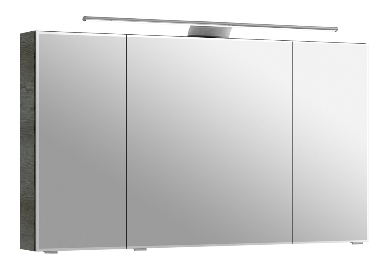 Moderner Spiegelschrank mit drei Türen und integrierter Beleuchtung, seitliche Perspektive