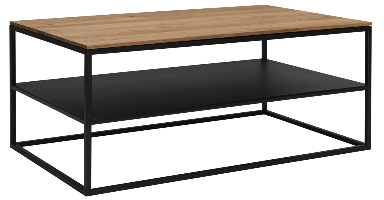 Moderner Couchtisch mit Holzplatte und schwarzem Metallgestell, seitliche Perspektive