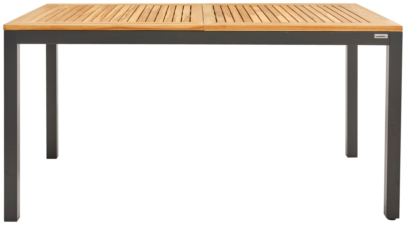 Moderner Ausziehtisch mit Holzplatte und Metallbeinen, Frontalansicht