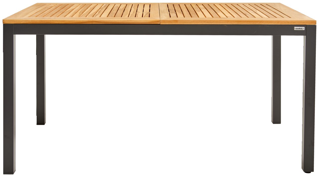 Moderner Ausziehtisch mit Holzplatte und Metallbeinen, Frontalansicht