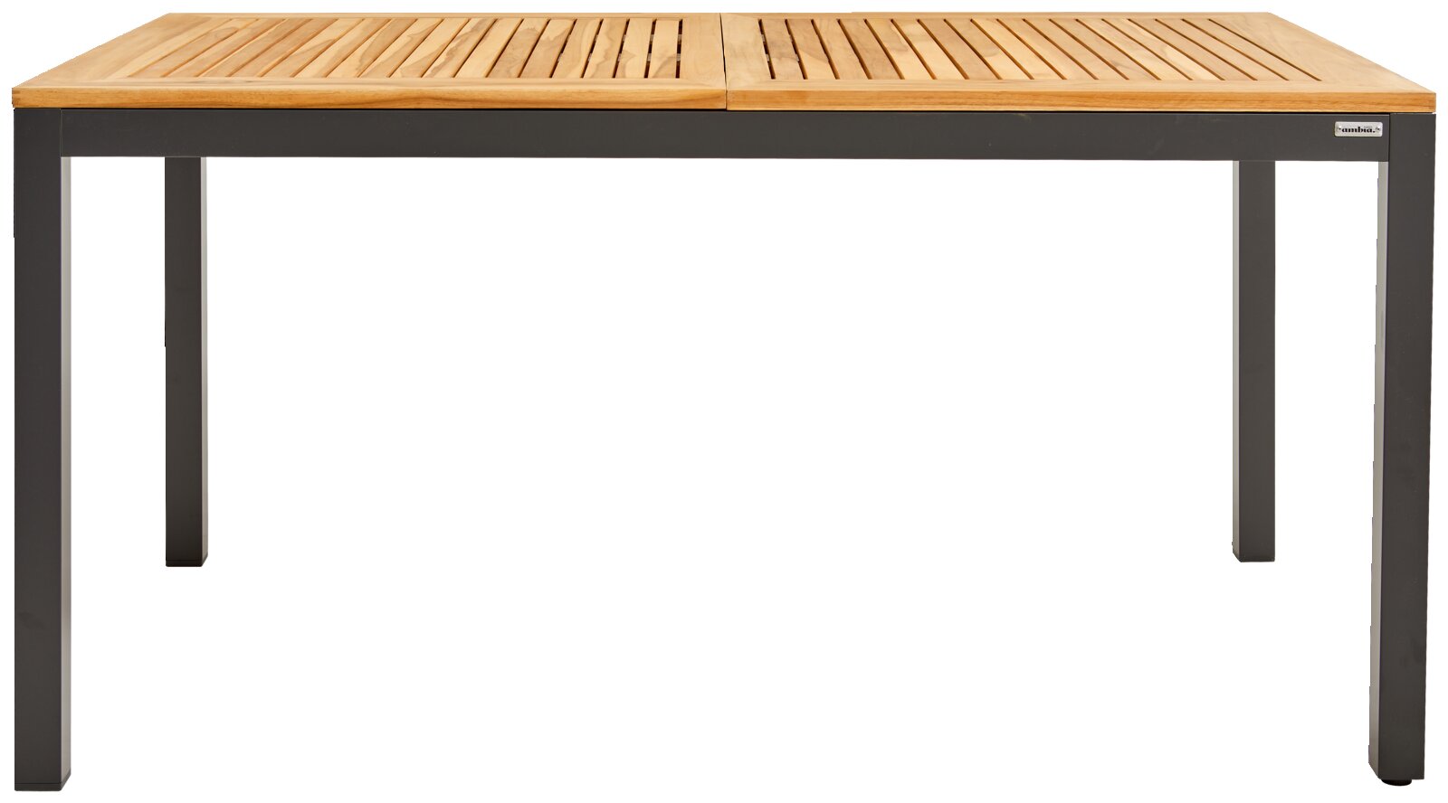 Moderne uitschuifbare tafel met houten blad en metalen poten, vooraanzicht
