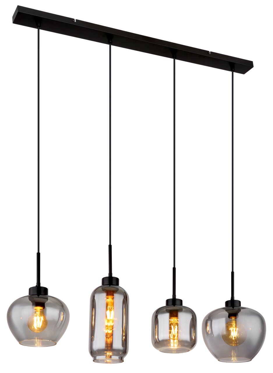 Globo Lighting Hängeleuchte MATT Moderne Hängeleuchte mit vier unterschiedlich geformten, rauchgrauen Glaskugeln, seitliche Perspektive.