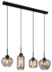 Moderne Hängeleuchte mit vier unterschiedlich geformten, rauchgrauen Glaskugeln, seitliche Perspektive.