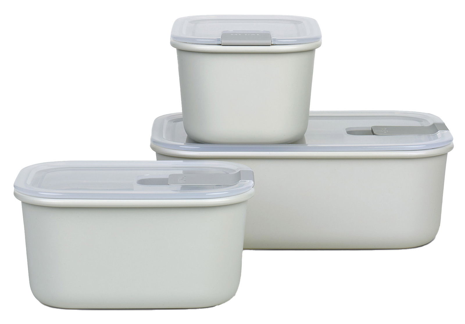Mepal Frischhaltedose- Set 3-tlg. EASYCLIP Drei stapelbare, rechteckige Aufbewahrungsboxen in nordic white mit transparenten Deckeln, seitliche Perspektive