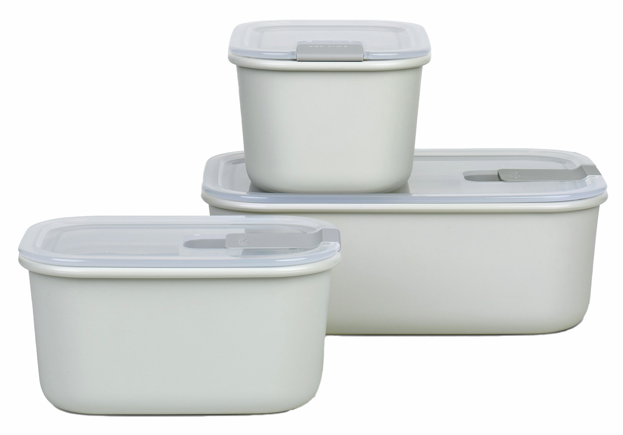 Mepal Set van 3 vershoudbakjes EASYCLIP Drei stapelbare, rechteckige Aufbewahrungsboxen in nordic white mit transparenten Deckeln, seitliche Perspektive