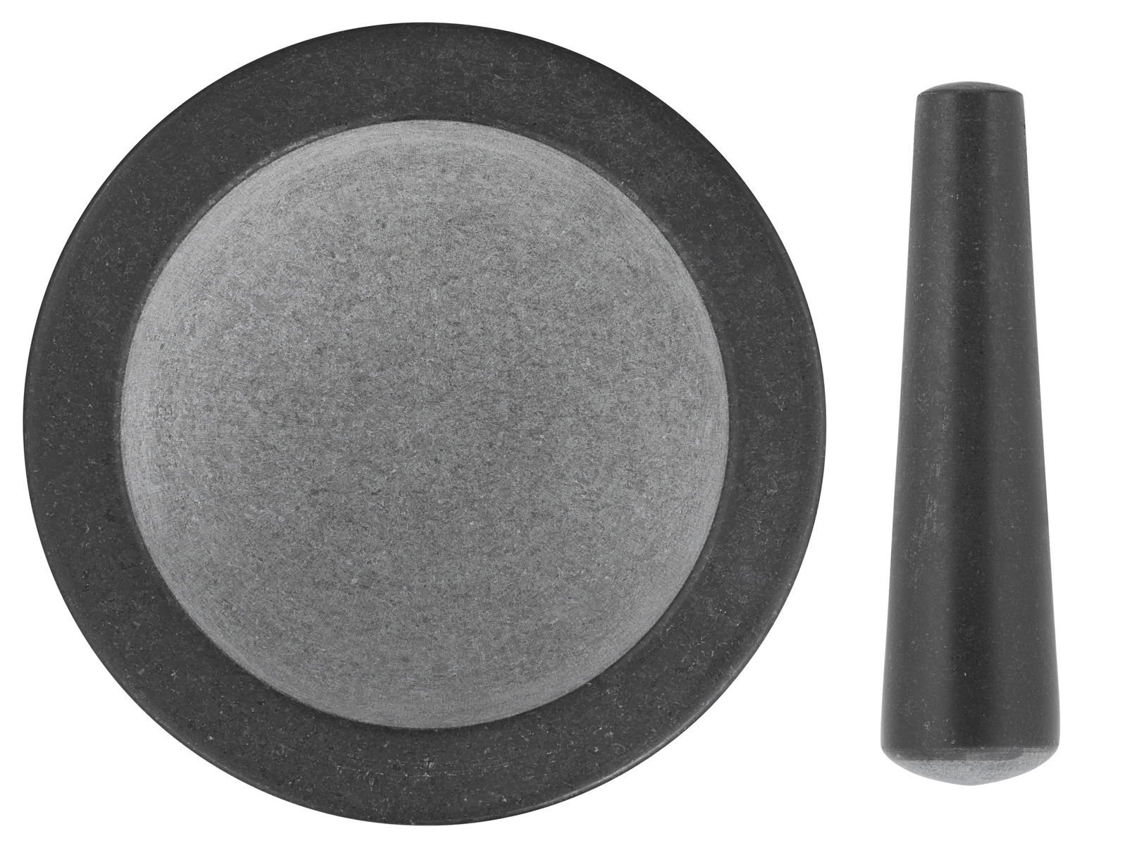 Vogelperspektive auf einen grauen Mörser und Stößel aus Stein, 20 cm Durchmesser.