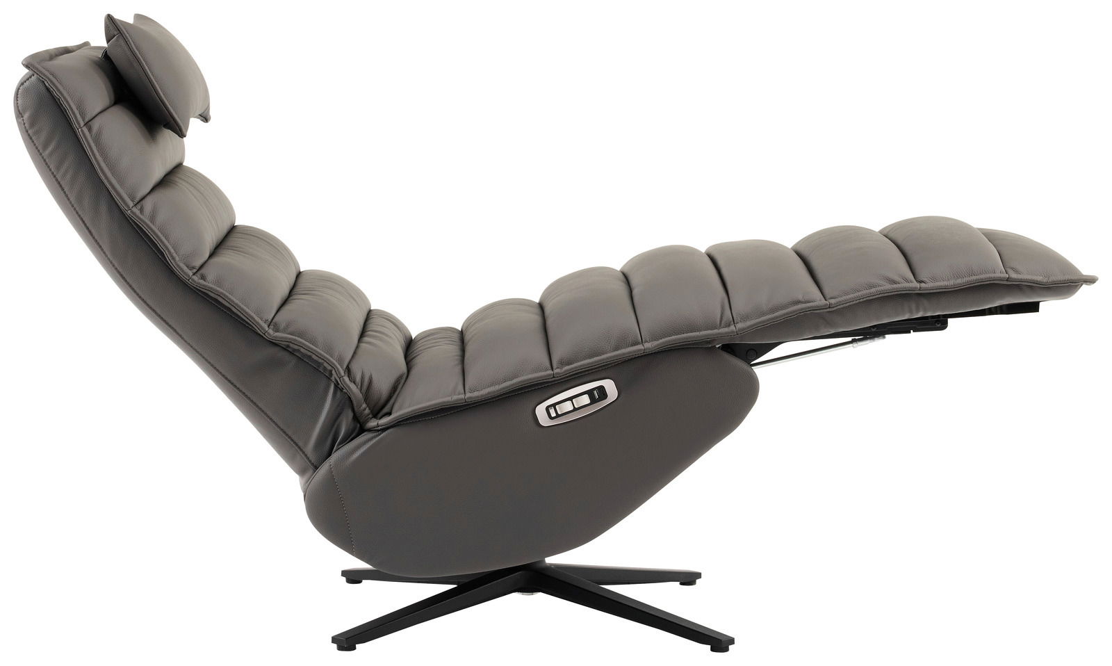 Seitliche Ansicht einer grauen Relaxliege mit gepolstertem Design und verstellbarer Rückenlehne.