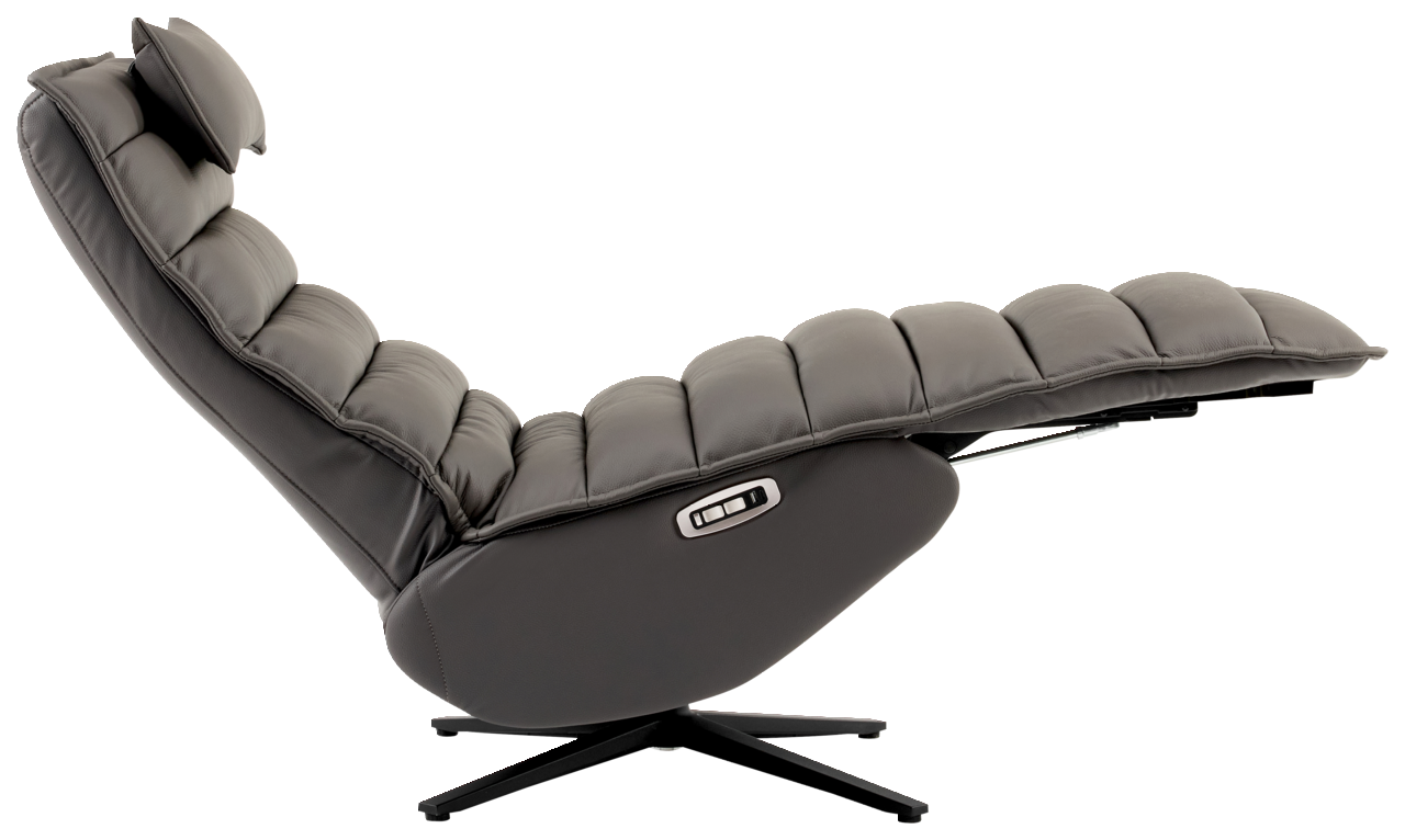 Seitliche Ansicht einer grauen Relaxliege mit gepolstertem Design und verstellbarer Rückenlehne.